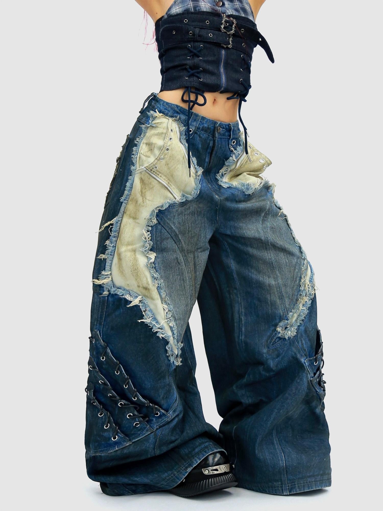 NANAICHILLI Durable Wasteland Distressed Relaxed Natural Waist Teen Cotton Tie Dye Jeans