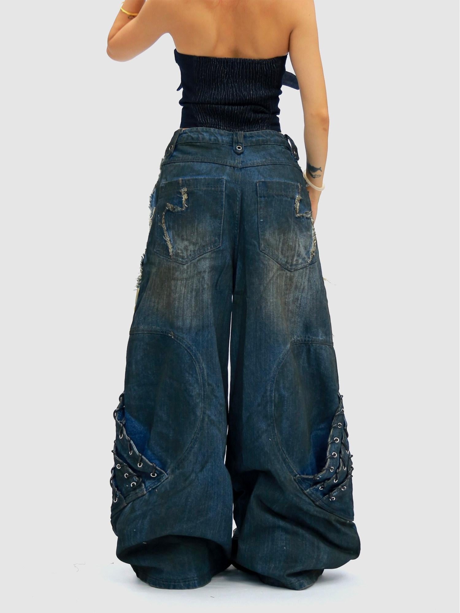 NANAICHILLI Durable Wasteland Distressed Relaxed Natural Waist Teen Cotton Tie Dye Jeans