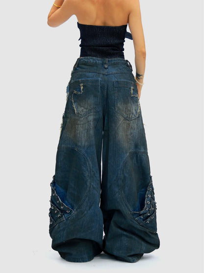 NANAICHILLI Durable Wasteland Distressed Relaxed Natural Waist Teen Cotton Tie Dye Jeans