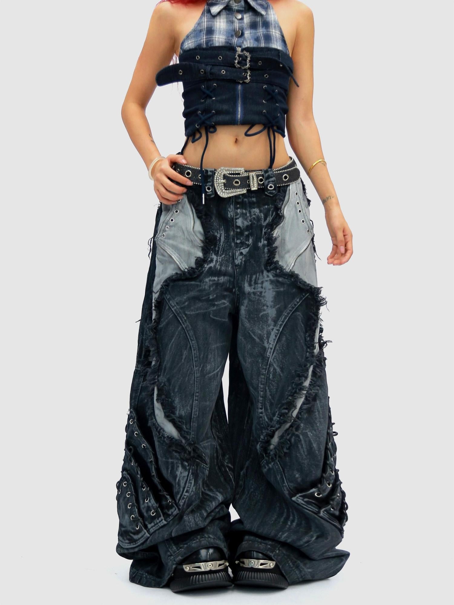 NANAICHILLI Durable Wasteland Distressed Relaxed Natural Waist Teen Cotton Tie Dye Jeans