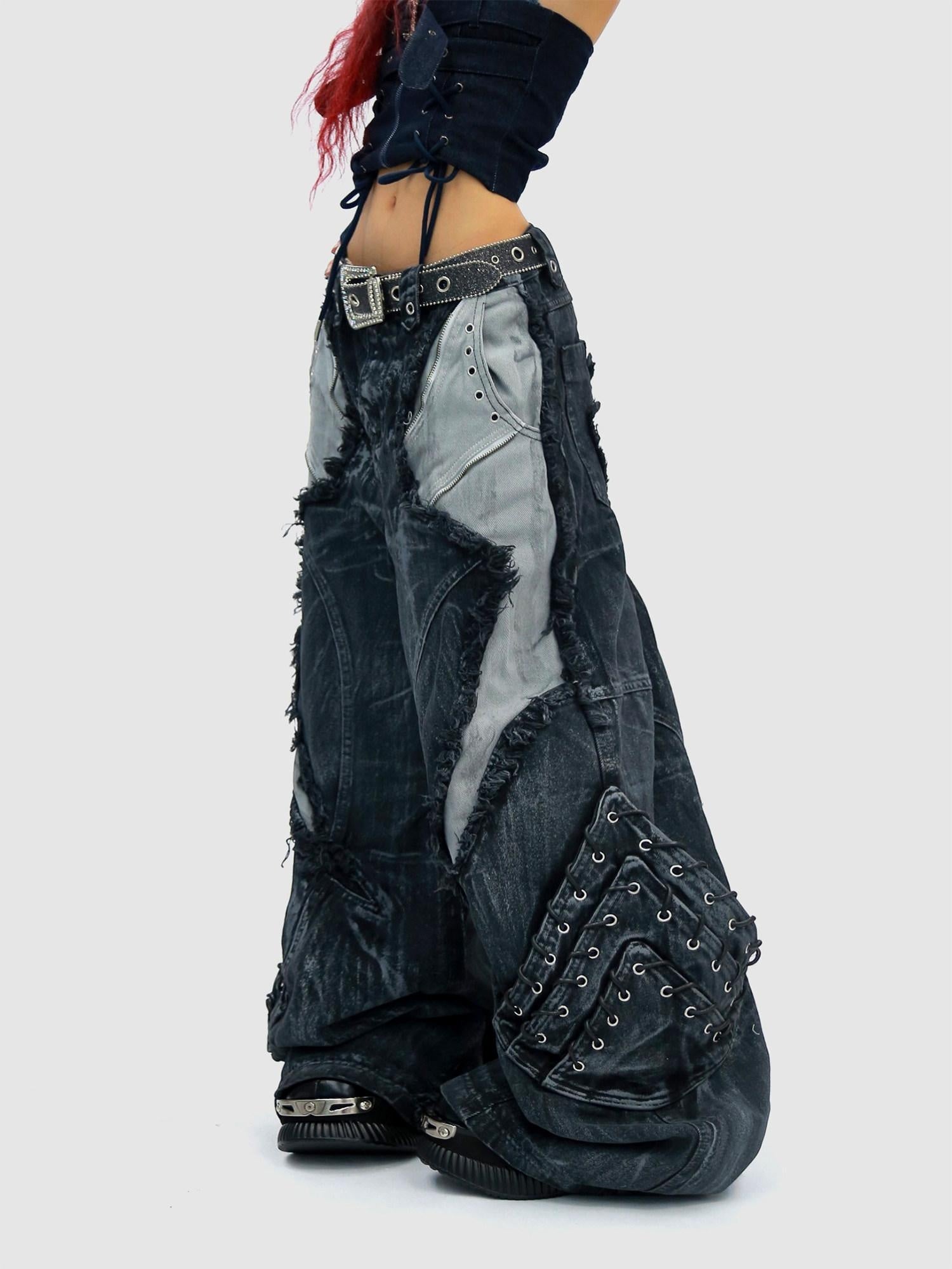 NANAICHILLI Durable Wasteland Distressed Relaxed Natural Waist Teen Cotton Tie Dye Jeans