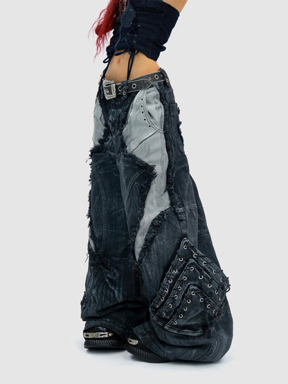 NANAICHILLI Durable Wasteland Distressed Relaxed Natural Waist Teen Cotton Tie Dye Jeans