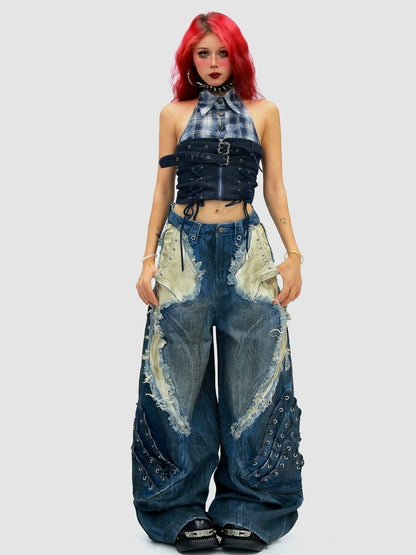 NANAICHILLI Durable Wasteland Distressed Relaxed Natural Waist Teen Cotton Tie Dye Jeans