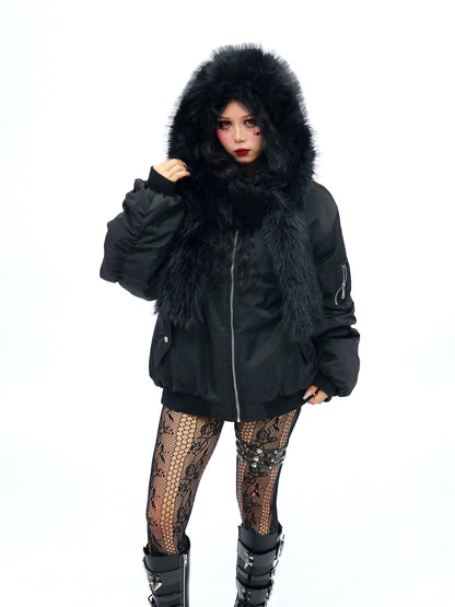 NANAICHILLI Faux Fur Scarf Collar Detachable Hood Windproof Loose Women&