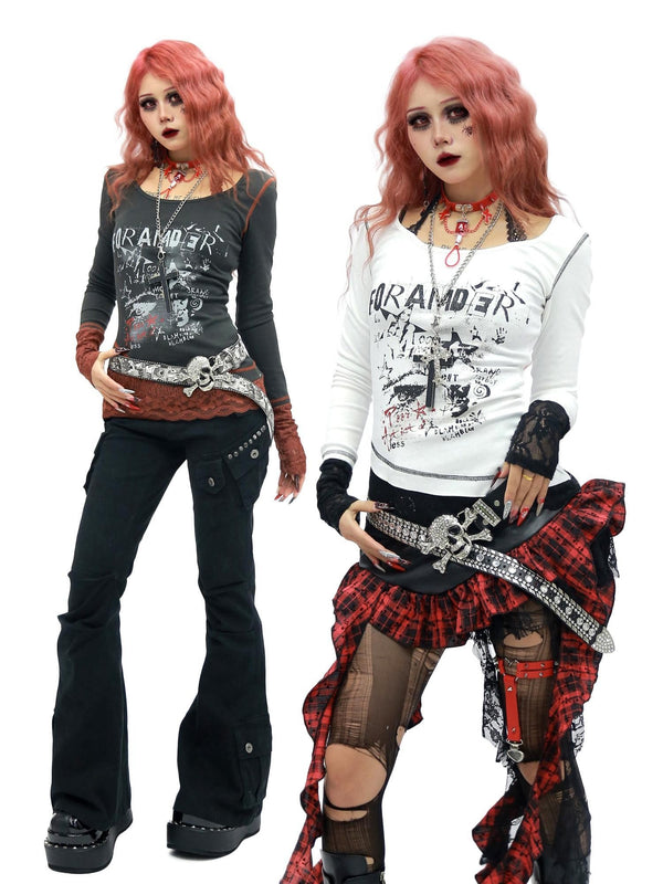 Graffiti Letter Print Lace Spliced Halter Women's Cotton Long Sleeve T-shirts