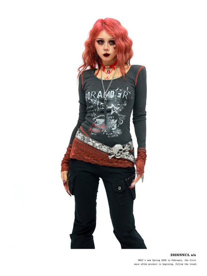 NANAICHILLI Graffiti Letter Print Lace Spliced Halter Women&
