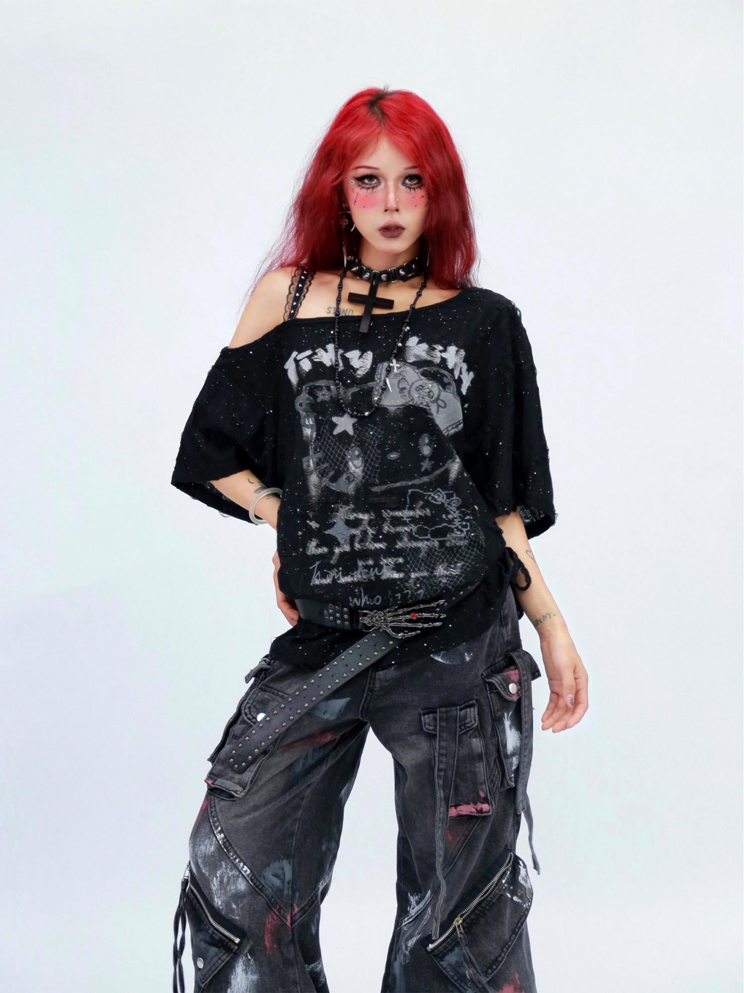 NANAICHILLI Graphic Creative Print Street Loose Fit Crew Neck Black White T-Shirt