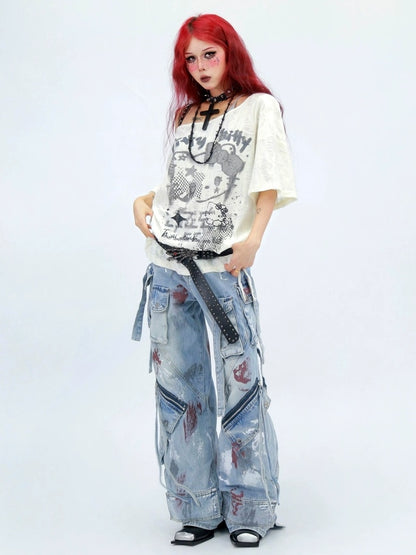 NANAICHILLI Graphic Creative Print Street Loose Fit Crew Neck Black White T-Shirt