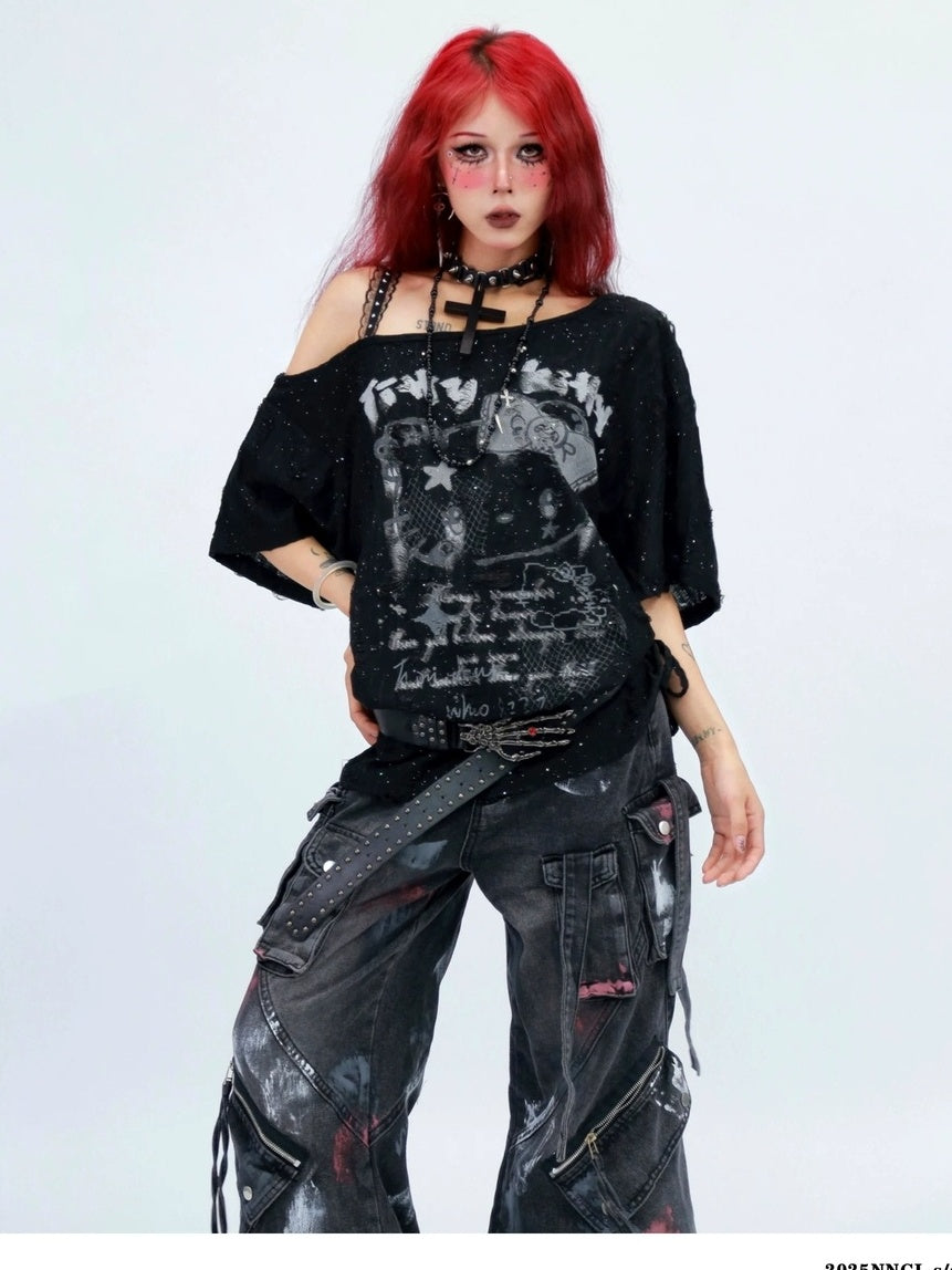 NANAICHILLI Graphic Creative Print Street Loose Fit Crew Neck Black White T-Shirt