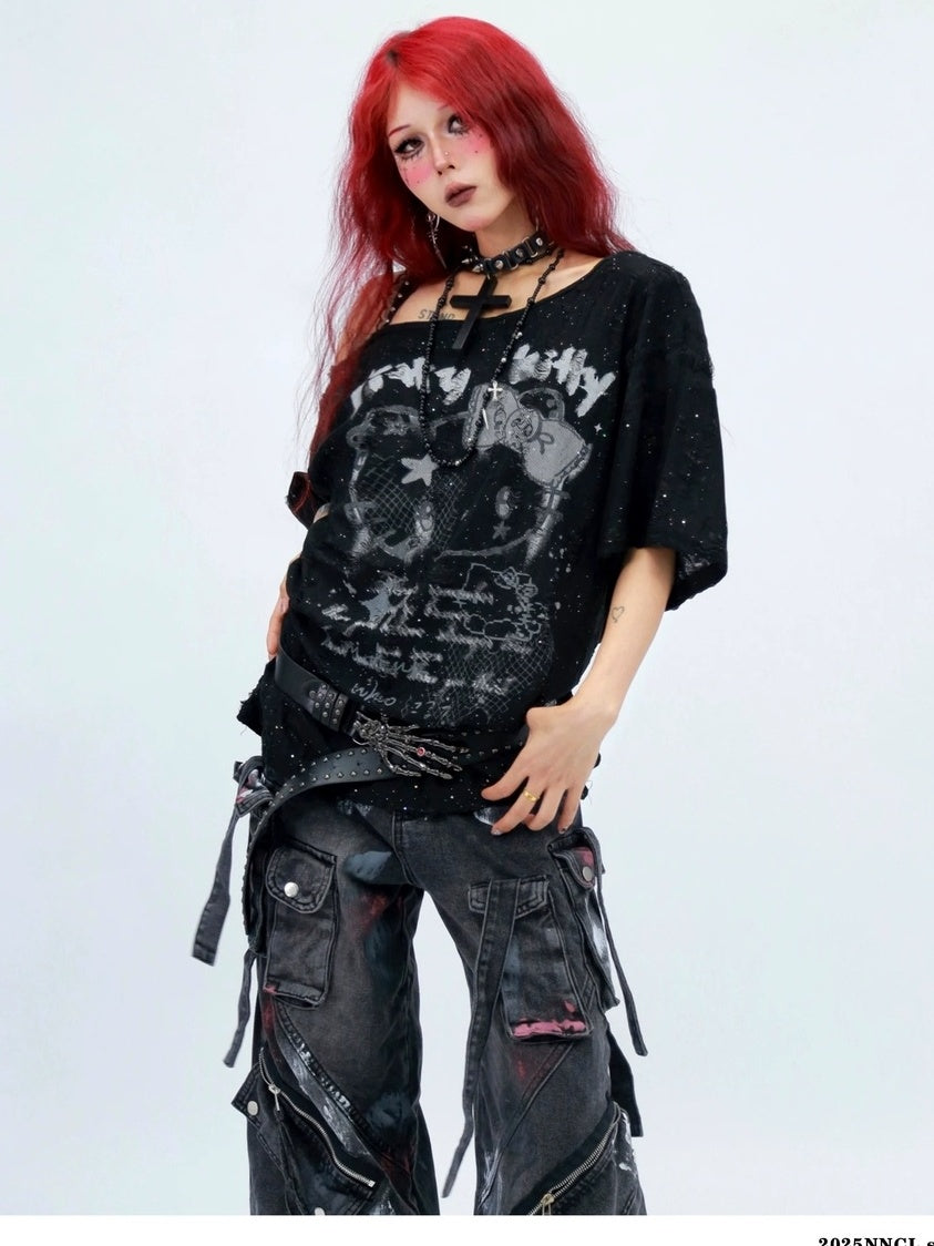 NANAICHILLI Graphic Creative Print Street Loose Fit Crew Neck Black White T-Shirt