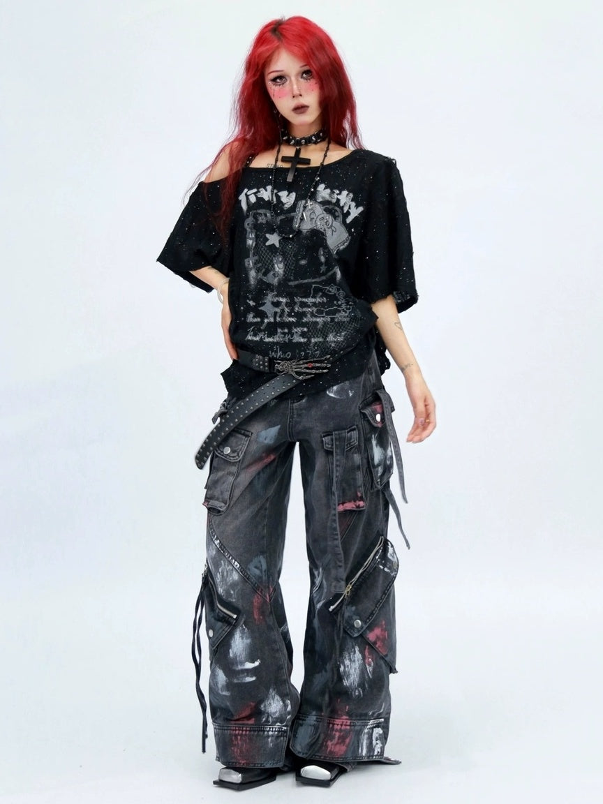 NANAICHILLI Graphic Creative Print Street Loose Fit Crew Neck Black White T-Shirt