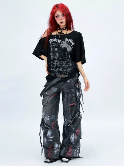 NANAICHILLI Graphic Creative Print Street Loose Fit Crew Neck Black White T-Shirt