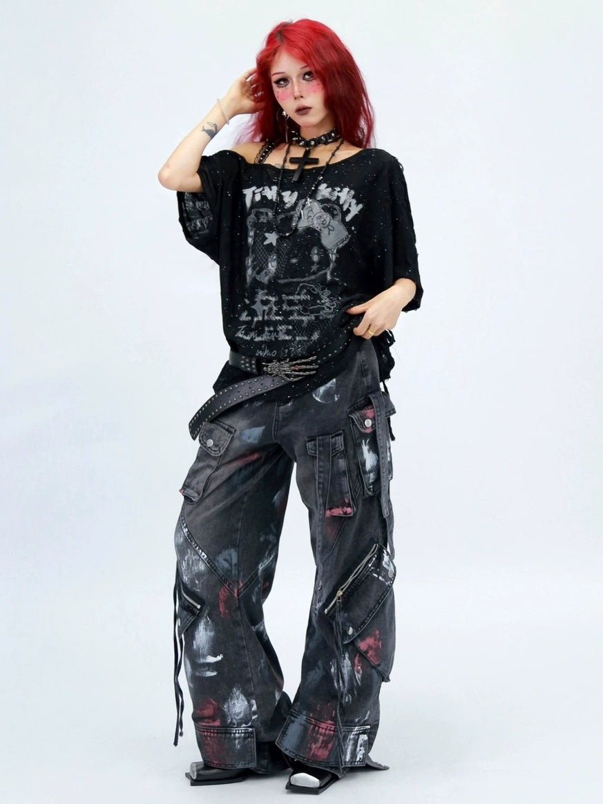 NANAICHILLI Graphic Creative Print Street Loose Fit Crew Neck Black White T-Shirt