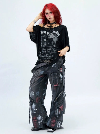 NANAICHILLI Graphic Creative Print Street Loose Fit Crew Neck Black White T-Shirt