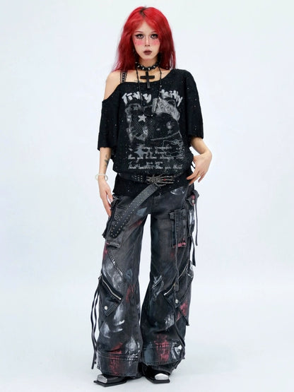 NANAICHILLI Graphic Creative Print Street Loose Fit Crew Neck Black White T-Shirt