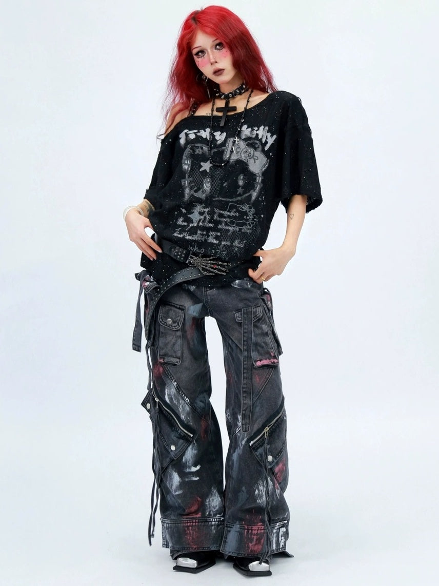 NANAICHILLI Graphic Creative Print Street Loose Fit Crew Neck Black White T-Shirt