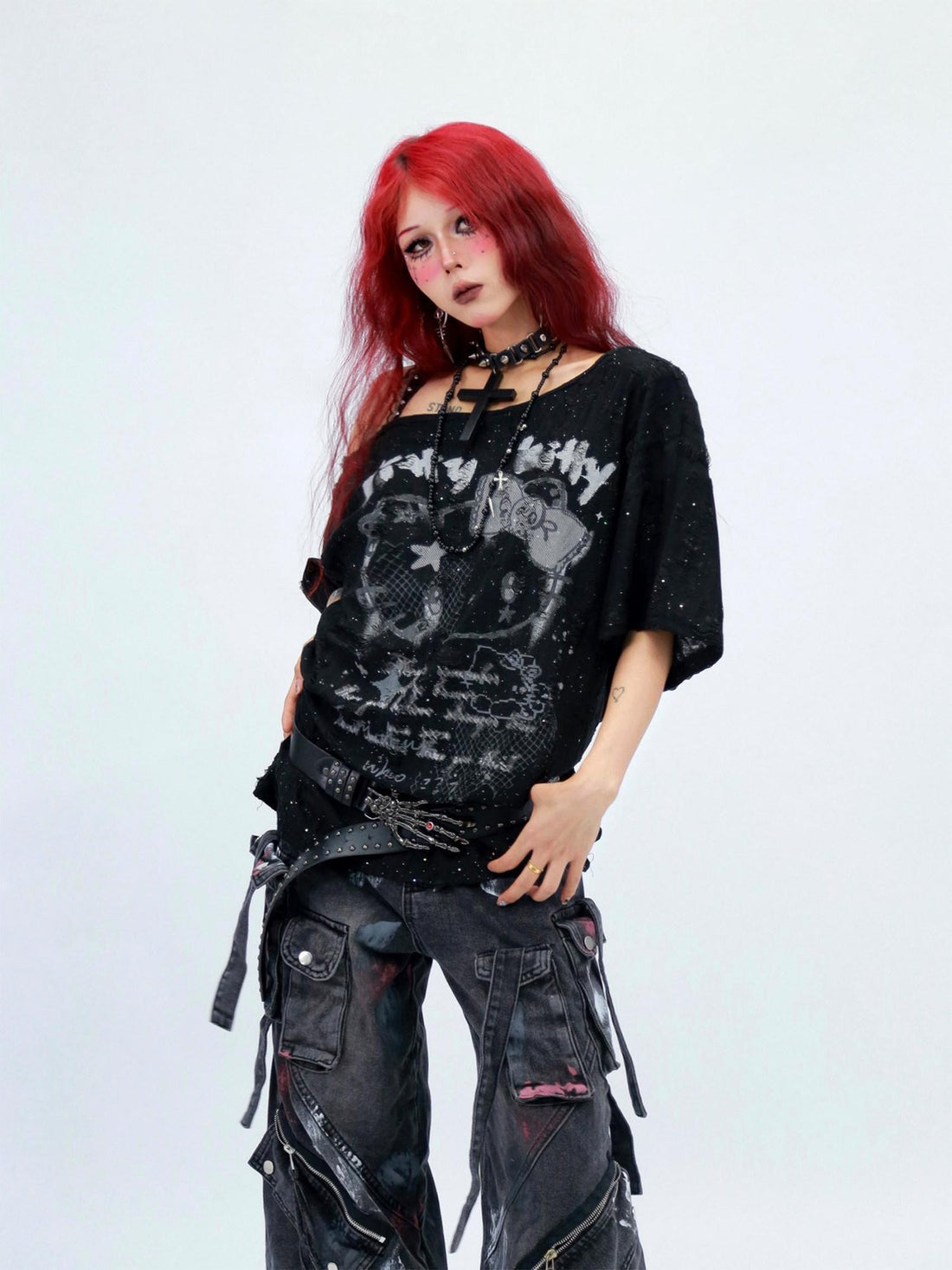 NANAICHILLI Graphic Creative Print Street Loose Fit Crew Neck Black White T-Shirt