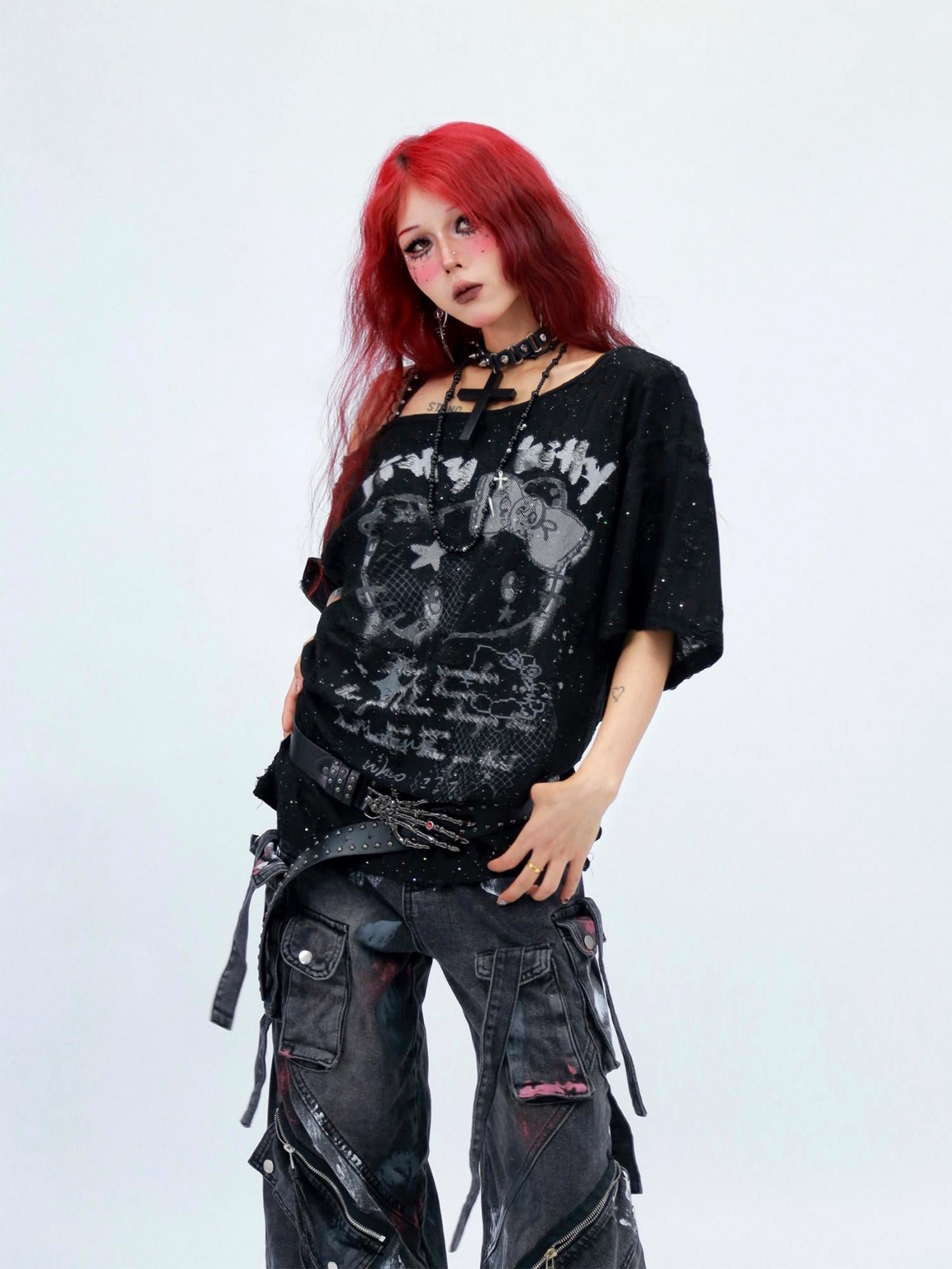 NANAICHILLI Graphic Creative Print Street Loose Fit Crew Neck Black White T-Shirt