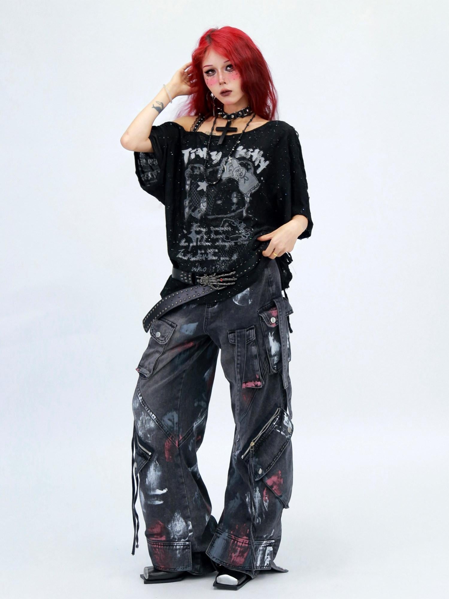 NANAICHILLI Graphic Creative Print Street Loose Fit Crew Neck Black White T-Shirt