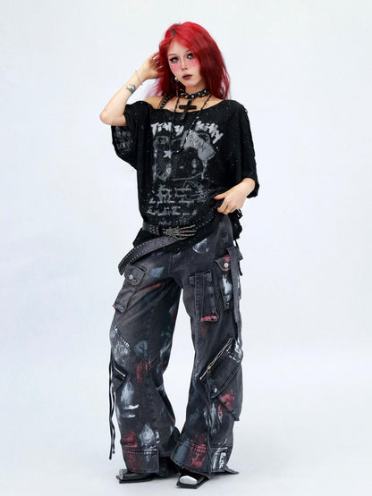 NANAICHILLI Graphic Creative Print Street Loose Fit Crew Neck Black White T-Shirt