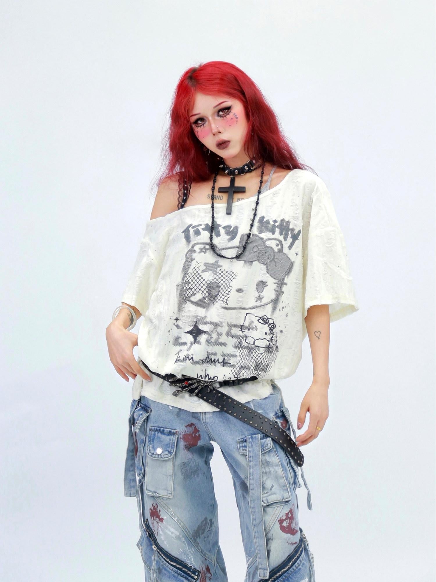 NANAICHILLI Graphic Creative Print Street Loose Fit Crew Neck Black White T-Shirt