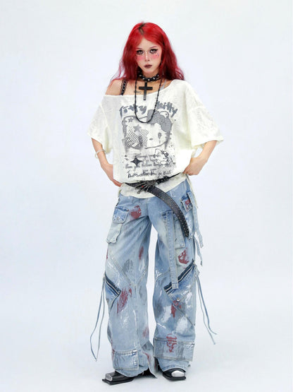 NANAICHILLI Graphic Creative Print Street Loose Fit Crew Neck Black White T-Shirt