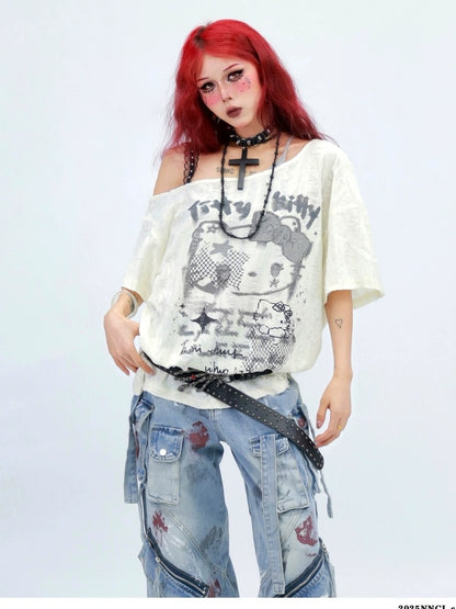 NANAICHILLI Graphic Creative Print Street Loose Fit Crew Neck Black White T-Shirt