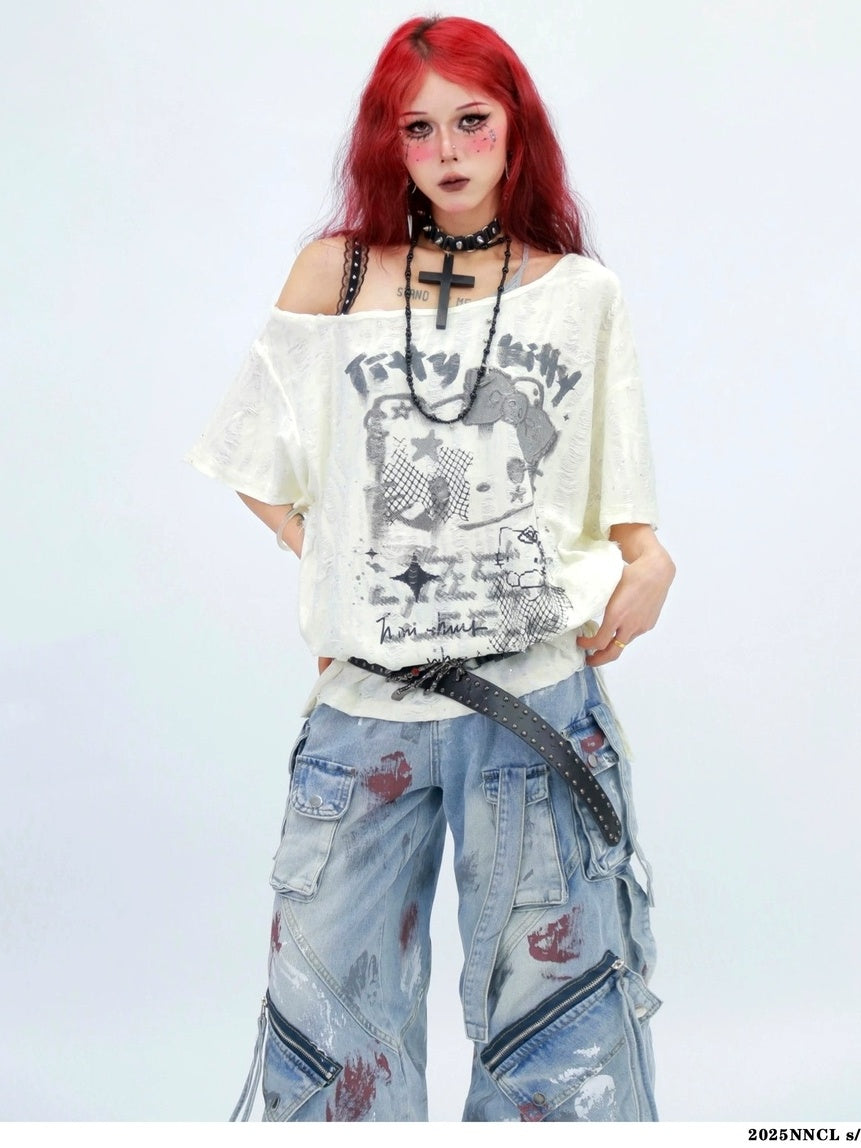 NANAICHILLI Graphic Creative Print Street Loose Fit Crew Neck Black White T-Shirt