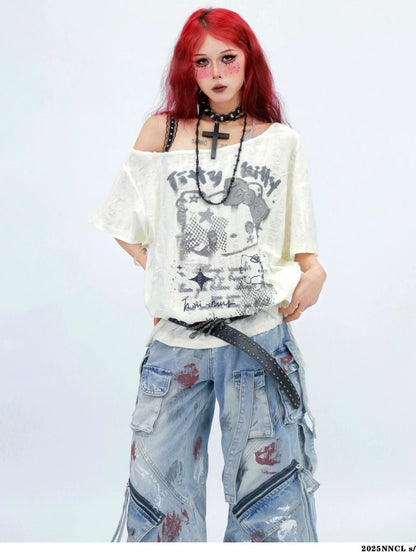 NANAICHILLI Graphic Creative Print Street Loose Fit Crew Neck Black White T-Shirt