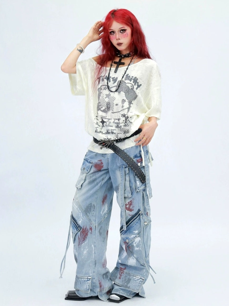 NANAICHILLI Graphic Creative Print Street Loose Fit Crew Neck Black White T-Shirt