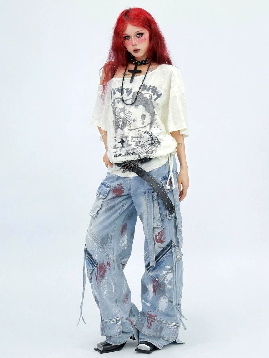 NANAICHILLI Graphic Creative Print Street Loose Fit Crew Neck Black White T-Shirt