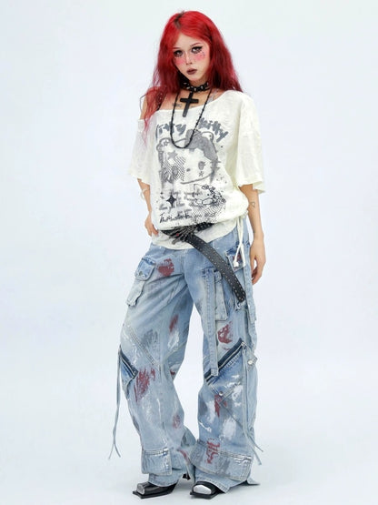 NANAICHILLI Graphic Creative Print Street Loose Fit Crew Neck Black White T-Shirt