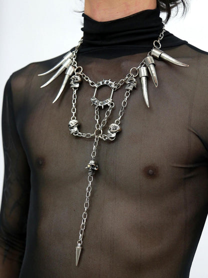 NANAICHILLI Gunmetal Punk Skull Spike Layered Chain Women&