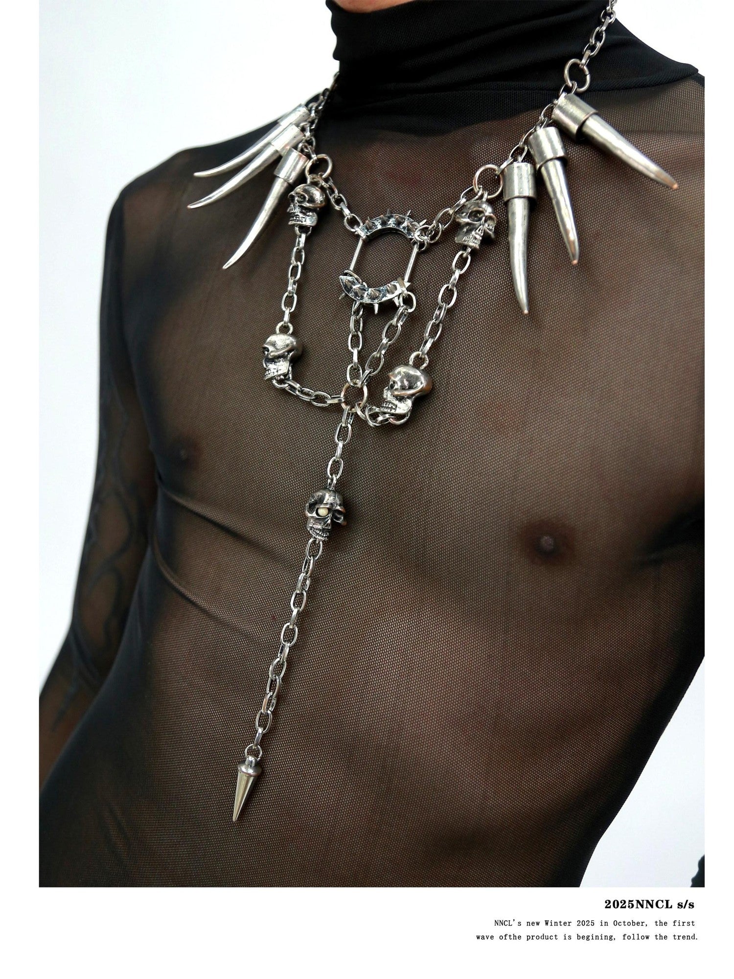 NANAICHILLI Gunmetal Punk Skull Spike Layered Chain Women&