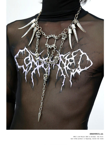 NANAICHILLI Gunmetal Punk Skull Spike Layered Chain Women&