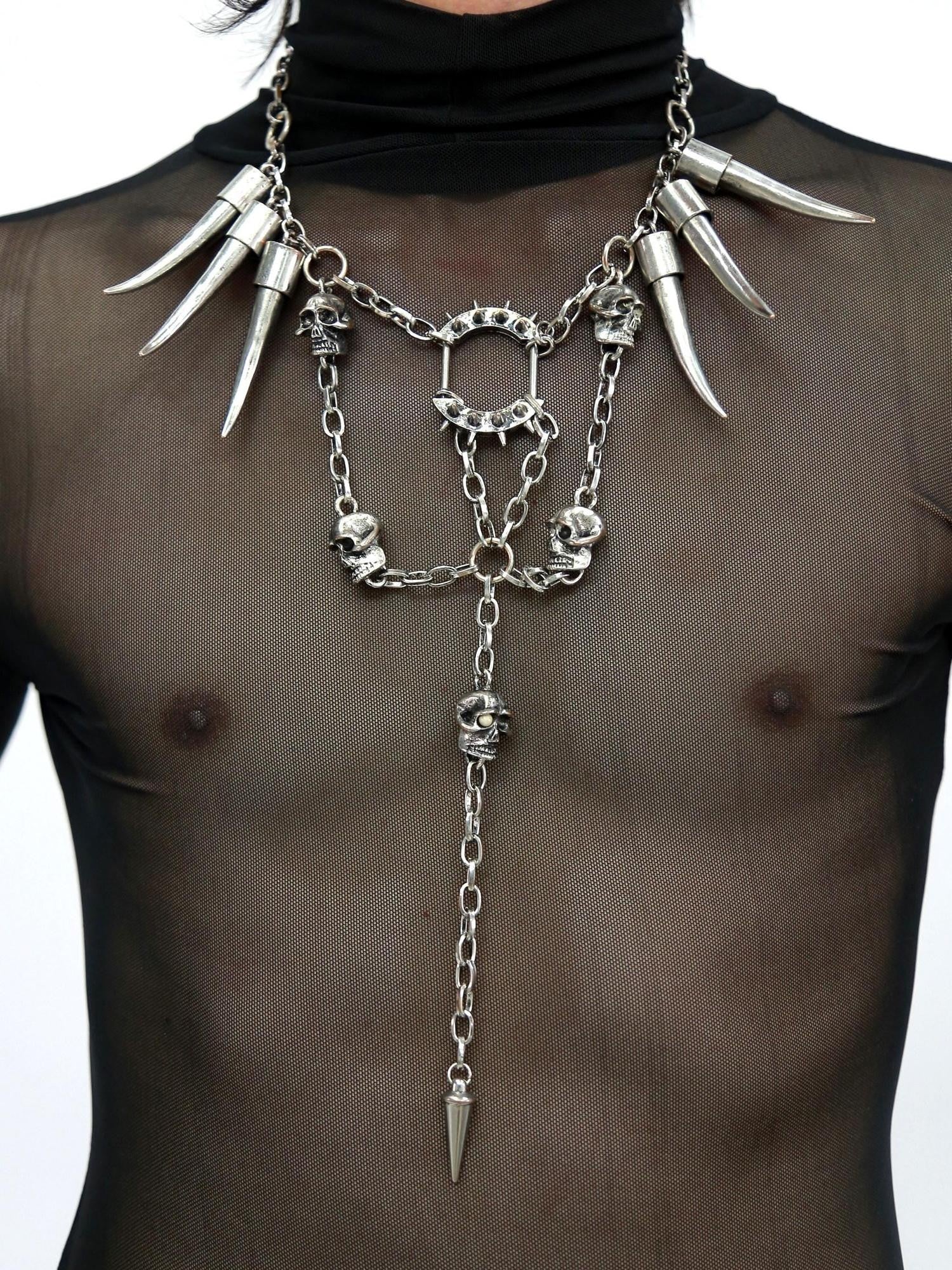 NANAICHILLI Gunmetal Punk Skull Spike Layered Chain Women&