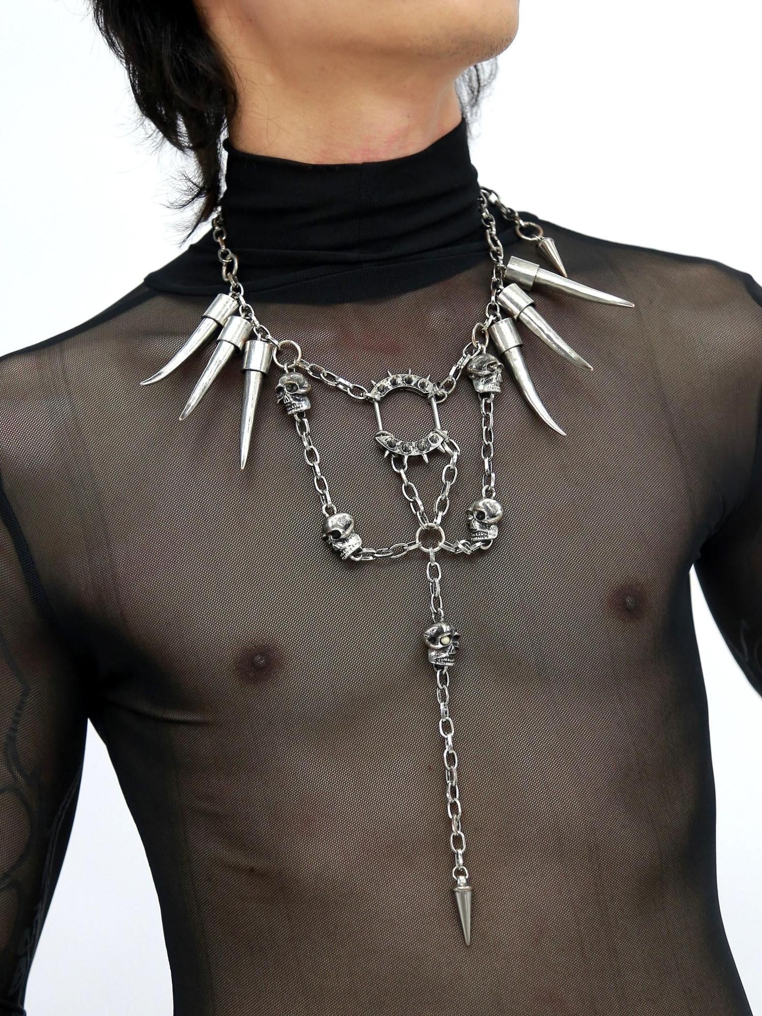 NANAICHILLI Gunmetal Punk Skull Spike Layered Chain Women&