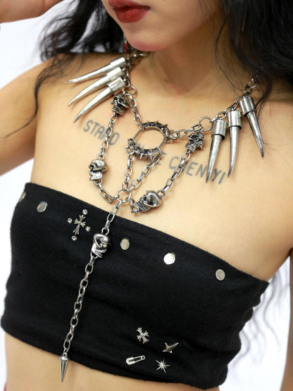 NANAICHILLI Gunmetal Punk Skull Spike Layered Chain Women&