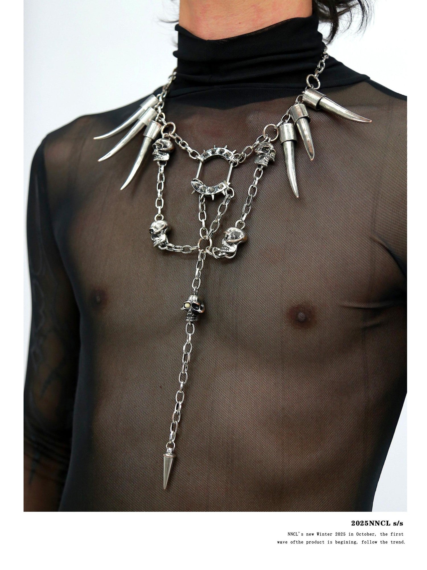 NANAICHILLI Gunmetal Punk Skull Spike Layered Chain Women&