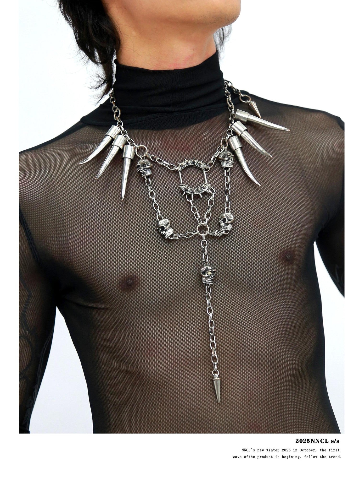 NANAICHILLI Gunmetal Punk Skull Spike Layered Chain Women&