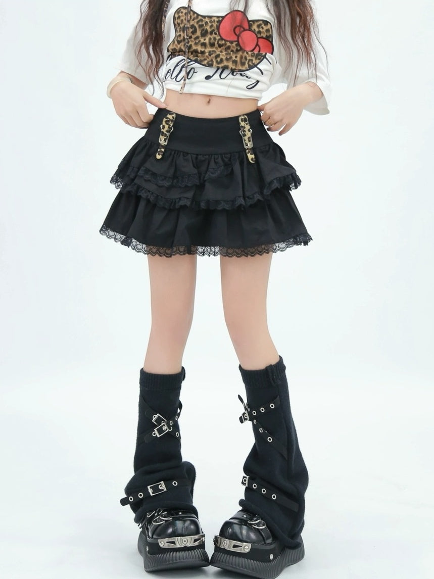 NANAICHILLI High Waist Ruffled Tiered Creative Solid Cotton Casual Black Brown Mini Skirt