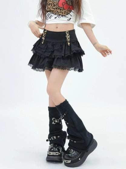 NANAICHILLI High Waist Ruffled Tiered Creative Solid Cotton Casual Black Brown Mini Skirt