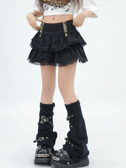 NANAICHILLI High Waist Ruffled Tiered Creative Solid Cotton Casual Black Brown Mini Skirt