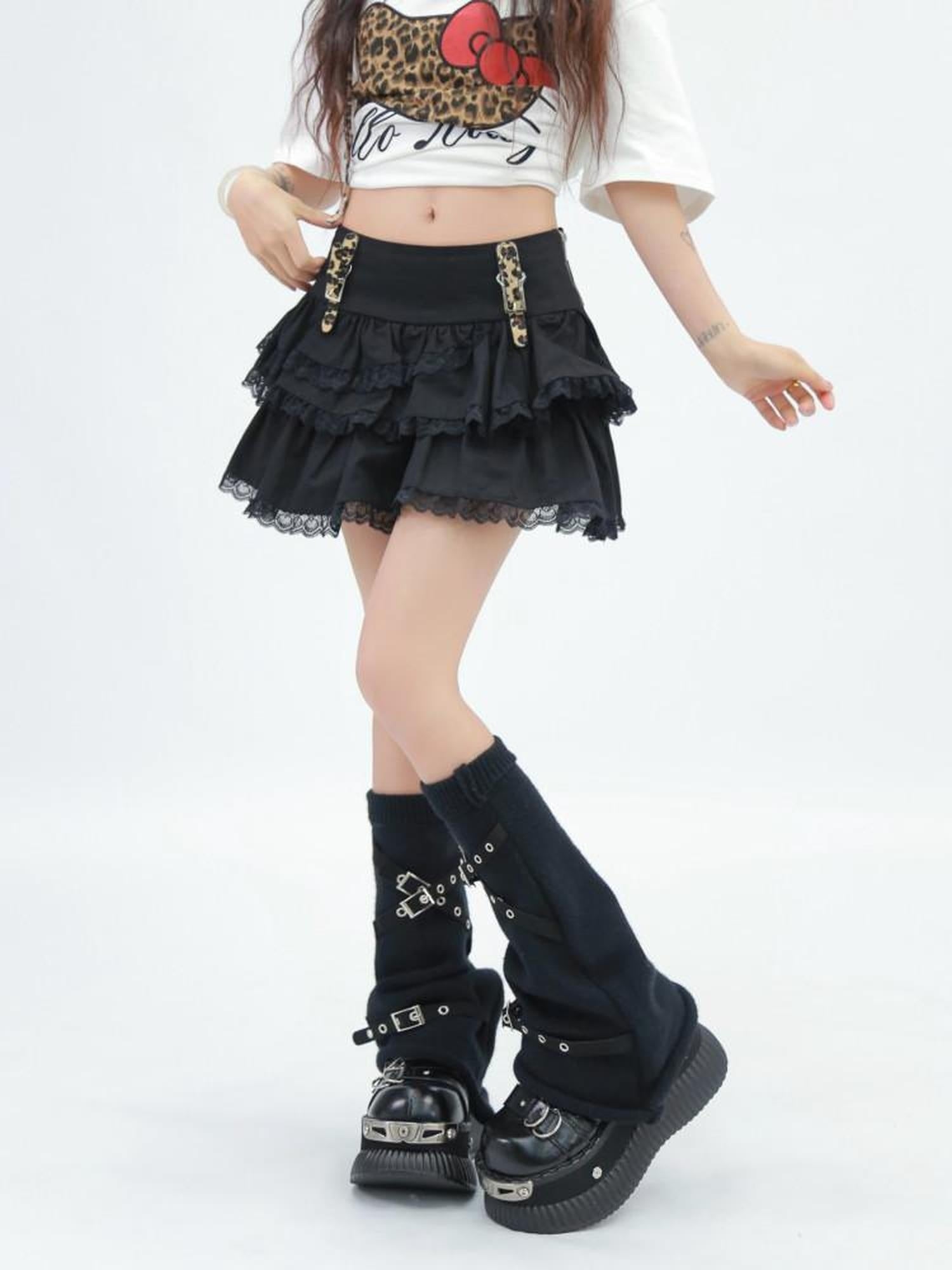 NANAICHILLI High Waist Ruffled Tiered Creative Solid Cotton Casual Black Brown Mini Skirt