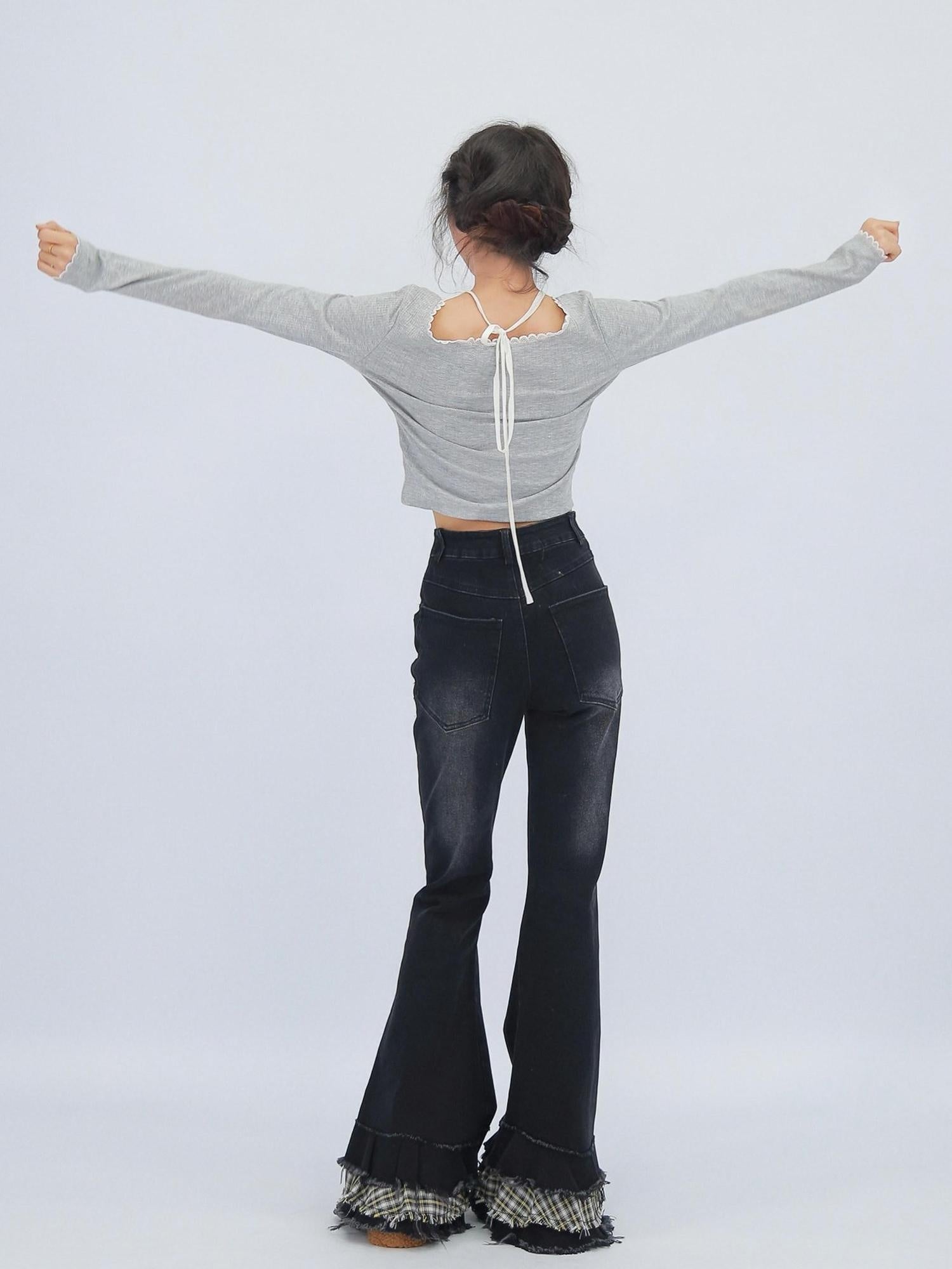 NANAICHILLI High Waist Subtle Flare Long Length Womens Black Blue Stretch Denim Jeans