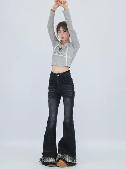 NANAICHILLI High Waist Subtle Flare Long Length Womens Black Blue Stretch Denim Jeans