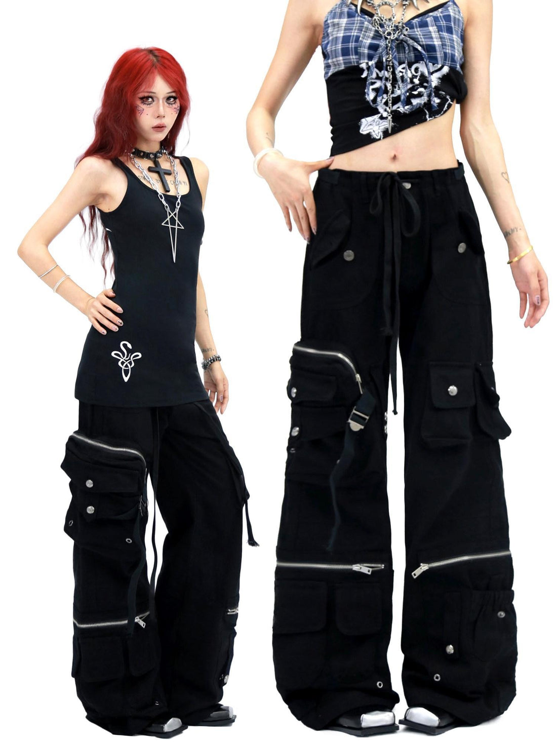 NANAICHILLI High Waist Wide Leg Cargo Zipper Fly Loose Black Casual Jeans