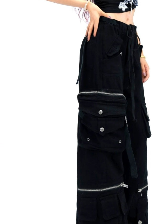 NANAICHILLI High Waist Wide Leg Cargo Zipper Fly Loose Black Casual Jeans