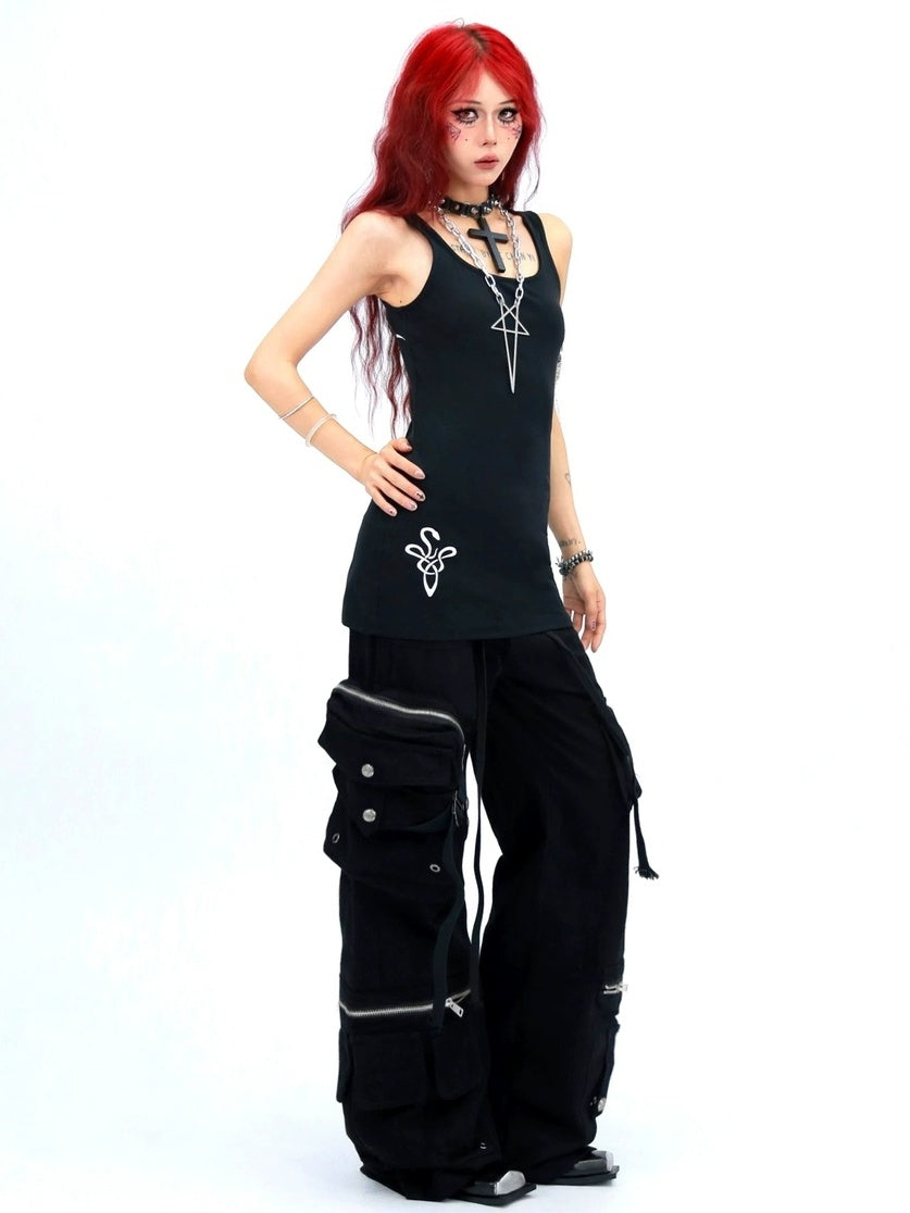 NANAICHILLI High Waist Wide Leg Cargo Zipper Fly Loose Black Casual Jeans