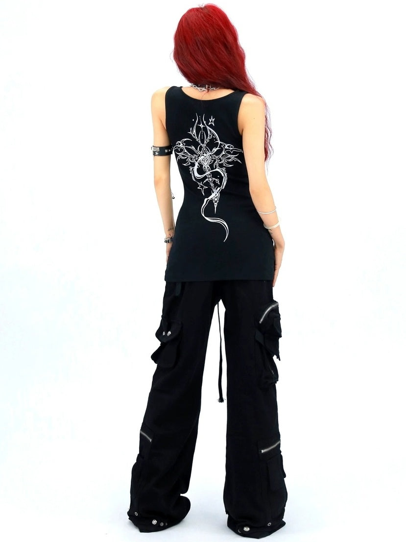 NANAICHILLI High Waist Wide Leg Cargo Zipper Fly Loose Black Casual Jeans